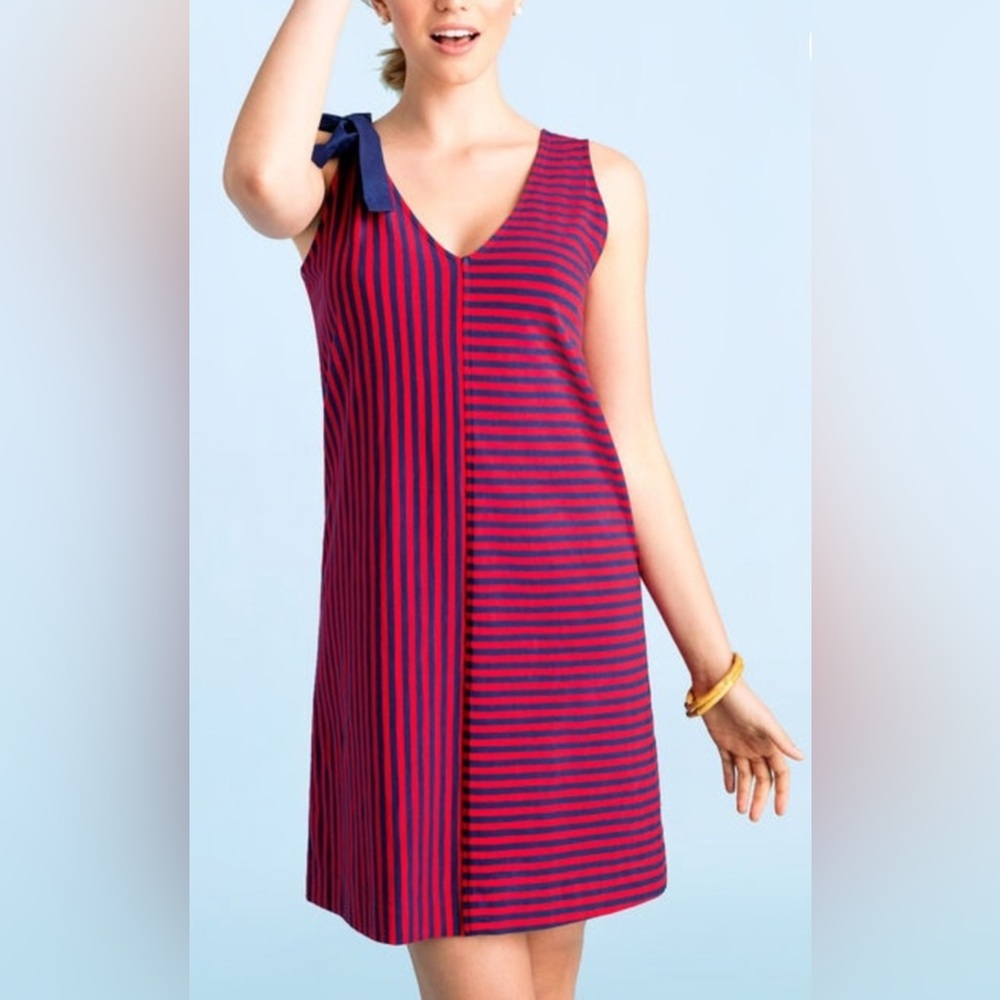 Vineyard Vines Resort Asymmetrical Red & Navy Stripe One Shoulder Bow Dress Sz M